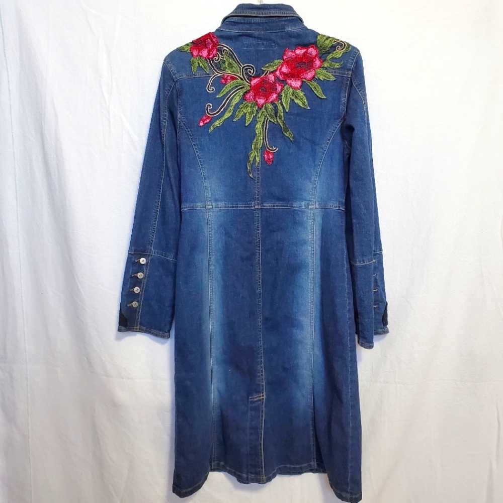 Vintage Watcher Midi  Denim Dress Button Front Embroidery Back Applique Medium